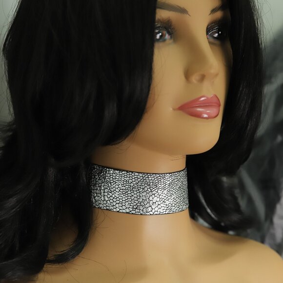 Silver Tone Choker Adjustable Length Fancy Texture Wide chokers (#78) - Picture 1 of 10